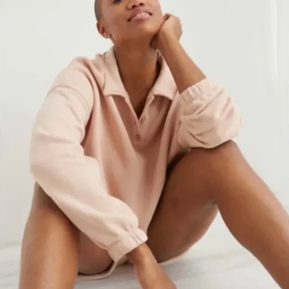 Aerie Oversized Cropped Collared Sweatshirt XS Pink Beige Lounge Slouchy Boxy